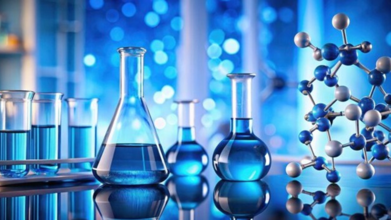 Research laboratory glassware and molecular structure — peptide research