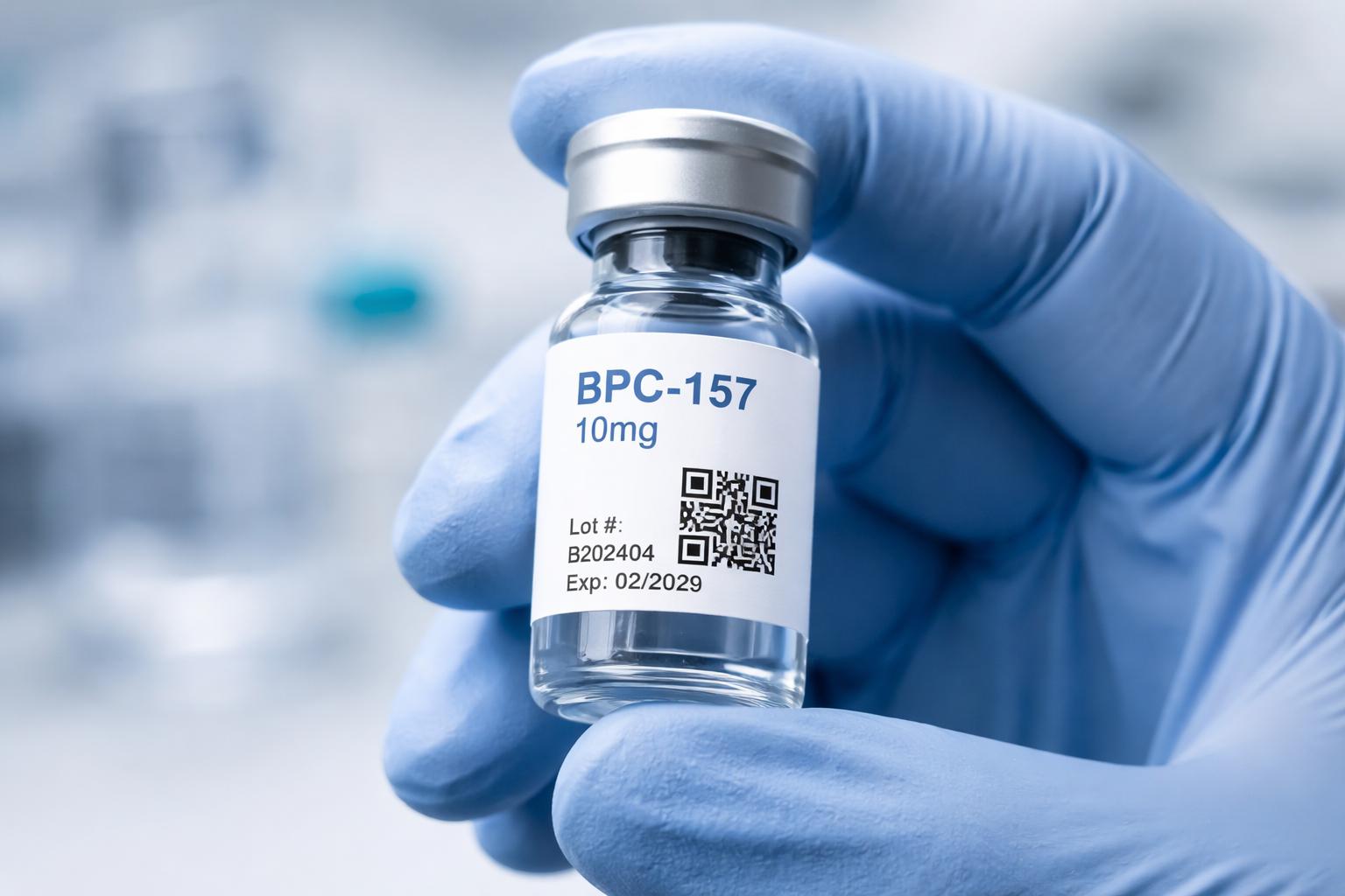 Gloved researcher holding a BPC-157 10mg research peptide vial with QR-coded lot verification label